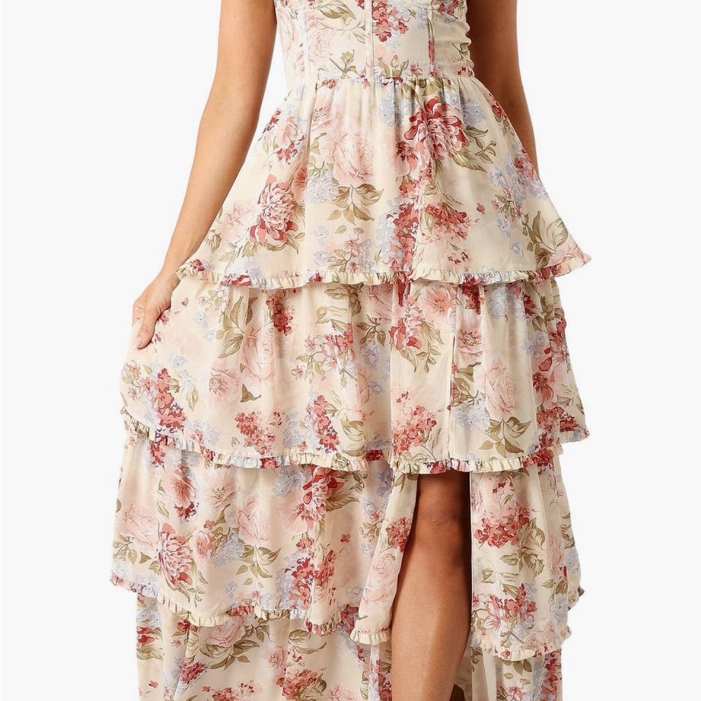 Vici Cream Floral High-Low Tiered Maxi Dress